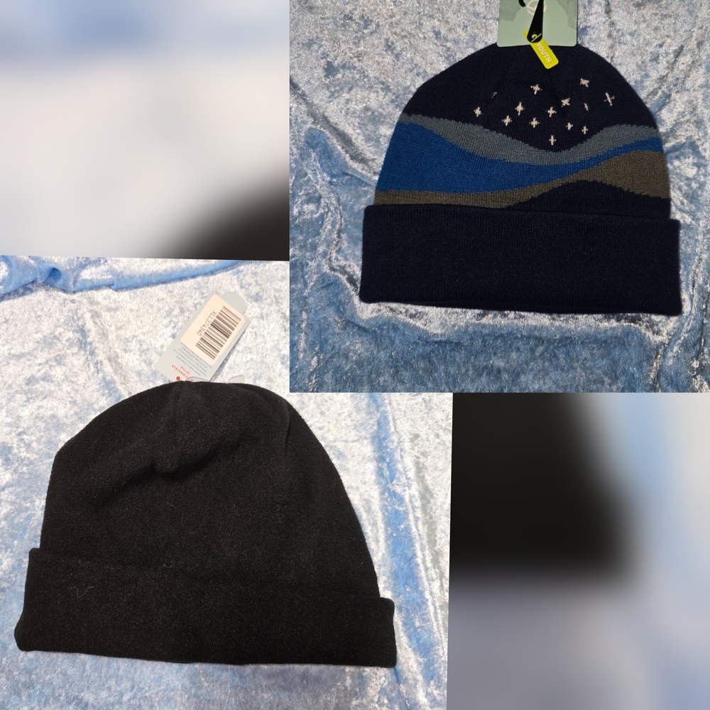 Kids Navy Blue Patterned And Simple Black Beanie Set